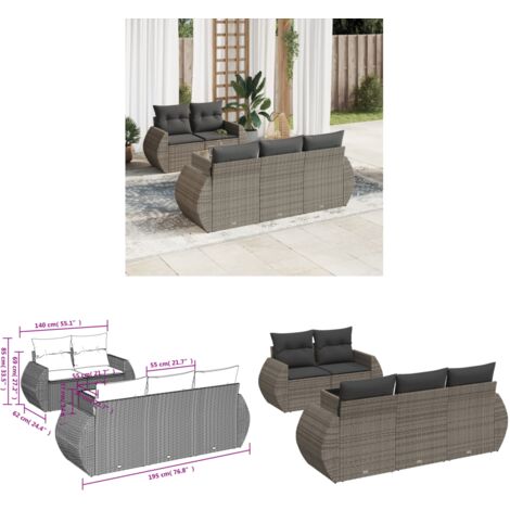 6-tlg. Garten-Sofagarnitur mit Kissen Grau Poly Rattan - Gartenmöbel Set - PE-Rattan Möbel - Outdoor Sofa - Esstisch - Lounge Garnitur - Home & Living