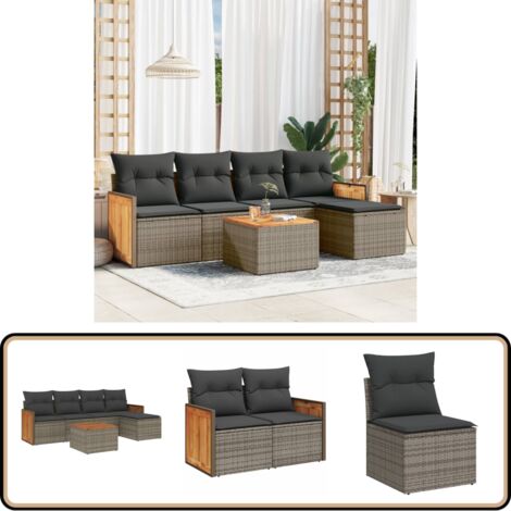6-tlg. Garten-Sofagarnitur mit Kissen Grau Poly Rattan - Gartenmöbel Set - Rattan Möbel - Outdoor Lounge - Esstisch - Sofas