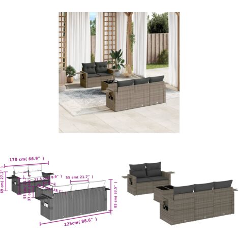 6-tlg. Garten-Sofagarnitur mit Kissen Grau Poly Rattan - Gartenmöbel - Sofasitzgruppe - PE-Rattan Möbel - Outdoor Lounge Set - Wetterfeste Gartenmöbel - Home & Living