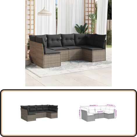 6-tlg. Garten-Sofagarnitur mit Kissen Grau Poly Rattan - Gartensorgaunität - Outdoor Möbel - Lounge Set - Rattan Sofa - Gartenlounge
