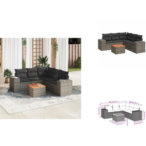 6-tlg. Garten-Sofagarnitur mit Kissen Grau Poly Rattan - Gartensorte - Gartenmöbel Set - PE-Rattan Möbel - Outdoor Lounge - Esstischset
