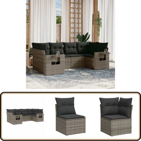 6-tlg. Garten-Sofagarnitur mit Kissen Grau Poly Rattan - Gartensorte - Gartenmöbelset - PE-Rattan Möbel - Outdoor Lounge Set - Balkonmöbel