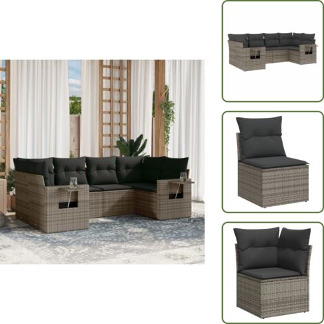6-tlg. Garten-Sofagarnitur mit Kissen Grau Poly Rattan - Gartensorte - Gartenmöbelset - PE-Rattan Möbel - Outdoor Lounge Set - Balkonmöbel