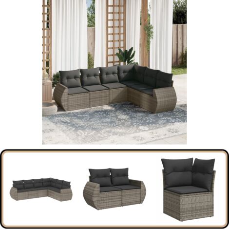 6-tlg. Garten-Sofagarnitur mit Kissen Grau Poly Rattan - Gartensortiment - Gartenmöbelset - Outdoor Lounge - Rattan Gartenmöbel - Polyethylen Gartenmöbel