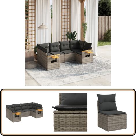 6-tlg. Garten-Sofagarnitur mit Kissen Grau Poly Rattan - Gartensortiment - Gartenmöbelset - PE-Rattan Möbel - Outdoor Lounge Set - Balkonmöbel