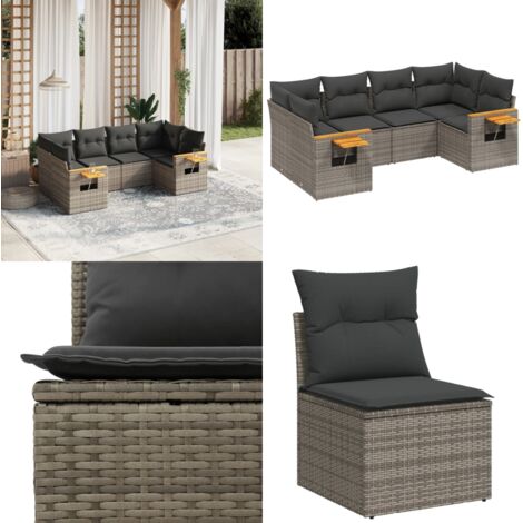 6-tlg. Garten-Sofagarnitur mit Kissen Grau Poly Rattan - Gartensortiment - Gartenmöbelset - PE-Rattan Möbel - Outdoor Lounge Set - Balkonmöbel - Home & Living