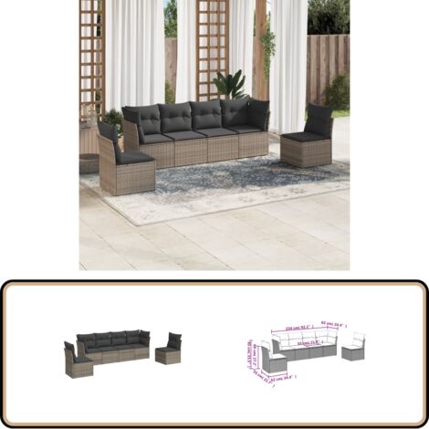 6-tlg. Garten-Sofagarnitur mit Kissen Grau Poly Rattan - Gartensortiment - Outdoor Möbel - Lounge Set - Gartenlounge - Rattan Sofa