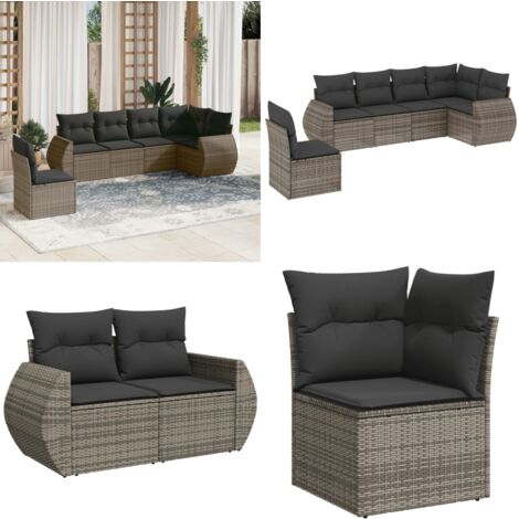 6-tlg. Garten-Sofagarnitur mit Kissen Grau Poly Rattan - Gartensortiment - Outdoor Möblierung - Gartenmöbelset - Lounge Set - Rattan Gartenmöbel - Home & Living