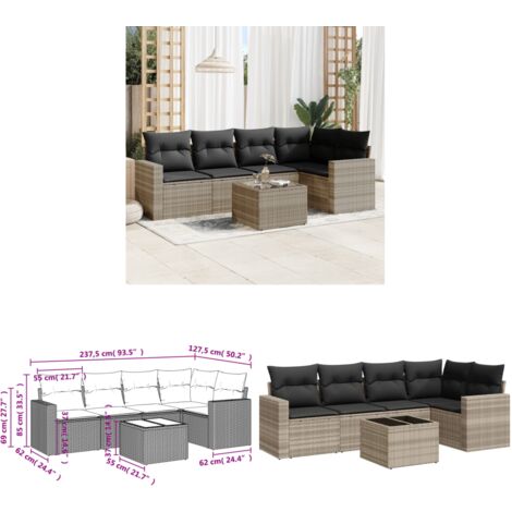 6-tlg. Garten-Sofagarnitur mit Kissen Hellgrau Poly Rattan - Gartenmöbel - PE-Rattan Möbel - Outdoor Sofa Set - Lounge Set - Esstisch - Home & Living