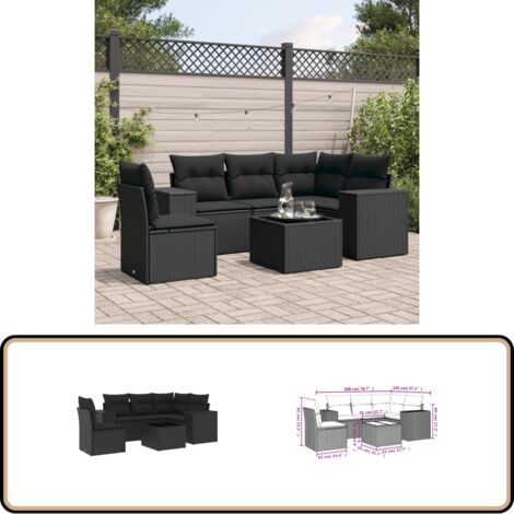 6-tlg. Garten-Sofagarnitur mit Kissen Schwarz Poly Rattan - Gartenmöbel - Esstischgarnitur - Outdoor Möbel - Lounge Set - Rattan Gartenmöbel