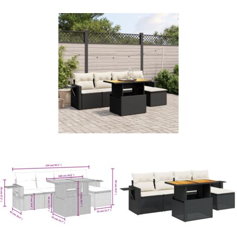 6-tlg. Garten-Sofagarnitur mit Kissen Schwarz Poly Rattan - Gartenmöbel - Outdoor Möbel - Rattan Gartenset - Lounge Set - Sofasitzgruppe - Home & Living