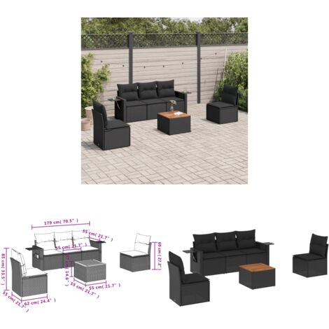 6-tlg. Garten-Sofagarnitur mit Kissen Schwarz Poly Rattan - Gartenmöbel Set - PE-Rattan Möbel - Outdoor Lounge - Esszimmergarnitur - Balkonmöbel - Home & Living
