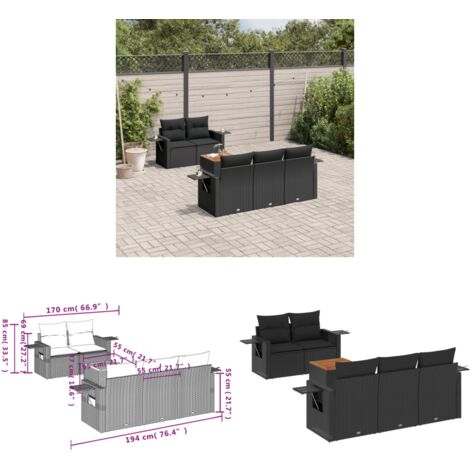 6-tlg. Garten-Sofagarnitur mit Kissen Schwarz Poly Rattan - Gartenmöbel Set - PE-Rattan Möbel - Outdoor Lounge - Esszimmergarnitur - Balkonmöbel - Home & Living