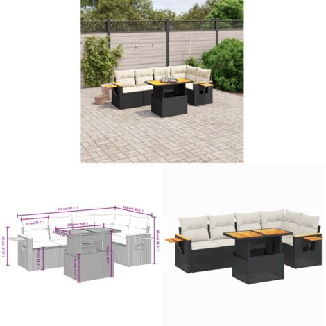 6-tlg. Garten-Sofagarnitur mit Kissen Schwarz Poly Rattan - Gartenmöbel Set - PE-Rattan Möbel - Outdoor Lounge - Garten Sofa - Balkon Möbel - Home & Living