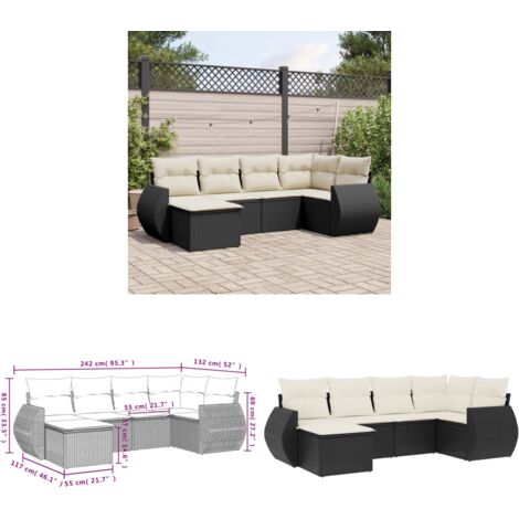 6-tlg. Garten-Sofagarnitur mit Kissen Schwarz Poly Rattan - Gartenmöbel Set - PE-Rattan Möbel - Outdoor Lounge - Garten Sofa - Esstisch Set - Home & Living