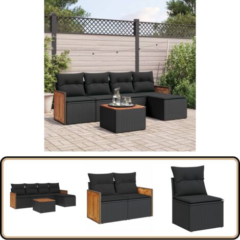 6-tlg. Garten-Sofagarnitur mit Kissen Schwarz Poly Rattan - Gartenmöbel Set - Rattan Möbel - Outdoor Lounge - Esstisch - Sofasitzgruppe