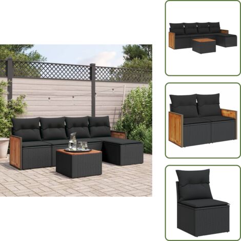 6-tlg. Garten-Sofagarnitur mit Kissen Schwarz Poly Rattan - Gartenmöbel Set - Rattan Möbel - Outdoor Lounge - Esstisch - Sofasitzgruppe