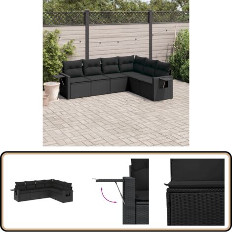 6-tlg. Garten-Sofagarnitur mit Kissen Schwarz Poly Rattan - Gartensorte - Gartenmöbelset - PE-Rattan Möbel - Outdoor Lounge Set - Balkonmöbel