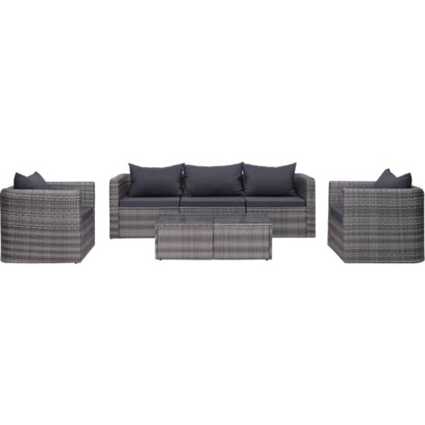 6-tlg. Garten-Sofagarnitur mit Polstern&Kissen Poly Rattan Grau vidaXL