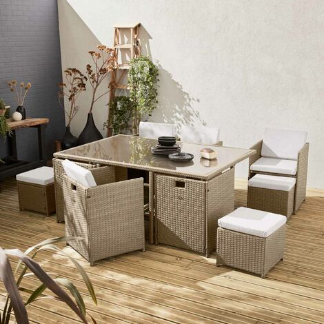 6 to 10-seater rattan cube table set with chairs, Vabo 10, Beige, 110x110x73 cm