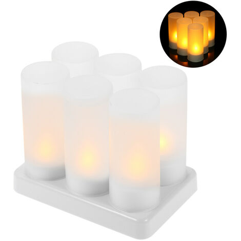 AUTRES 6 Unids / set Velas sin llama parpadeantes LED recargables Luces de velas de té con tazas esmeriladas Base de carga Luz amarilla Ac100-240V (paquete de 6 y enchufe de la UE)