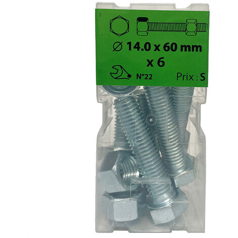 6 vis 14x60mm tête hexa + écrou  zingué Viswood