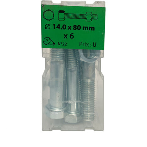 6 vis 14x80mm tête hexa + écrou  zingué Viswood