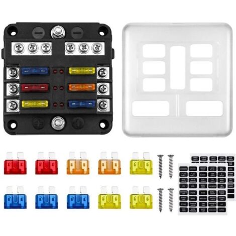 6 Voies Boîte Fusibles 12V Porte Fusible ATO 32V 100A avec 10 Fusibles 6 Voyants LED Couvercle de Protection + 2 pcs Autocollants