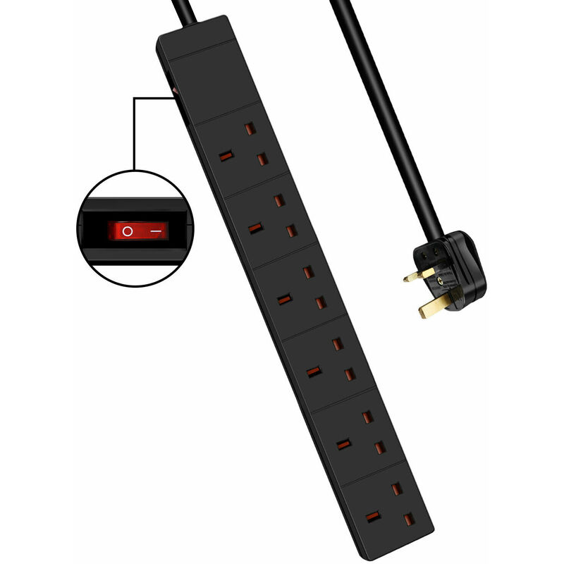 Extrastar - 6 Way Extension Leads with Cable 2M, Black, with Switch, Child-Resistant Sockets