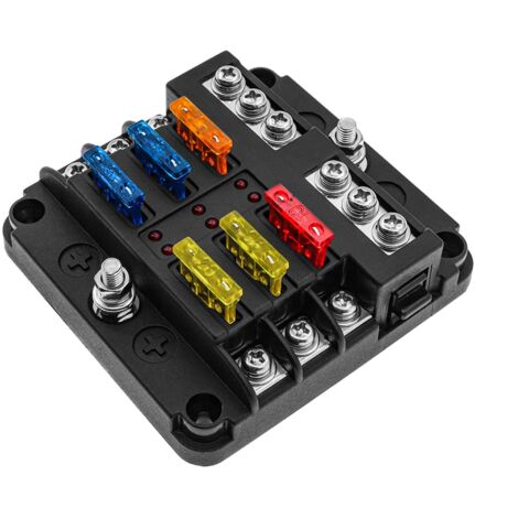 6 Way Fuse Box 12 V, Fuse Holder Blocks Fuse Blade with 16 Fuses 6 LED Indicators Protective Cover for 12 V/24 V Car Automobile Boat Marine Truck SUV