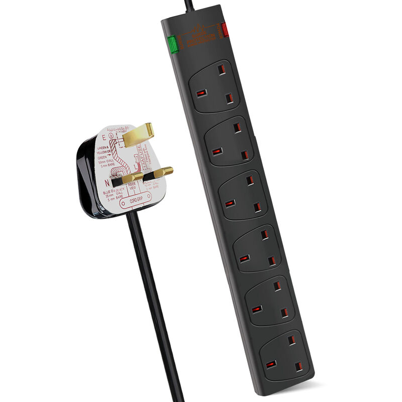 Extrastar - 6 Way Socket with Cable 1M, Black, with Power Indicator, , Child-Resistant Sockets, Surge Indicator