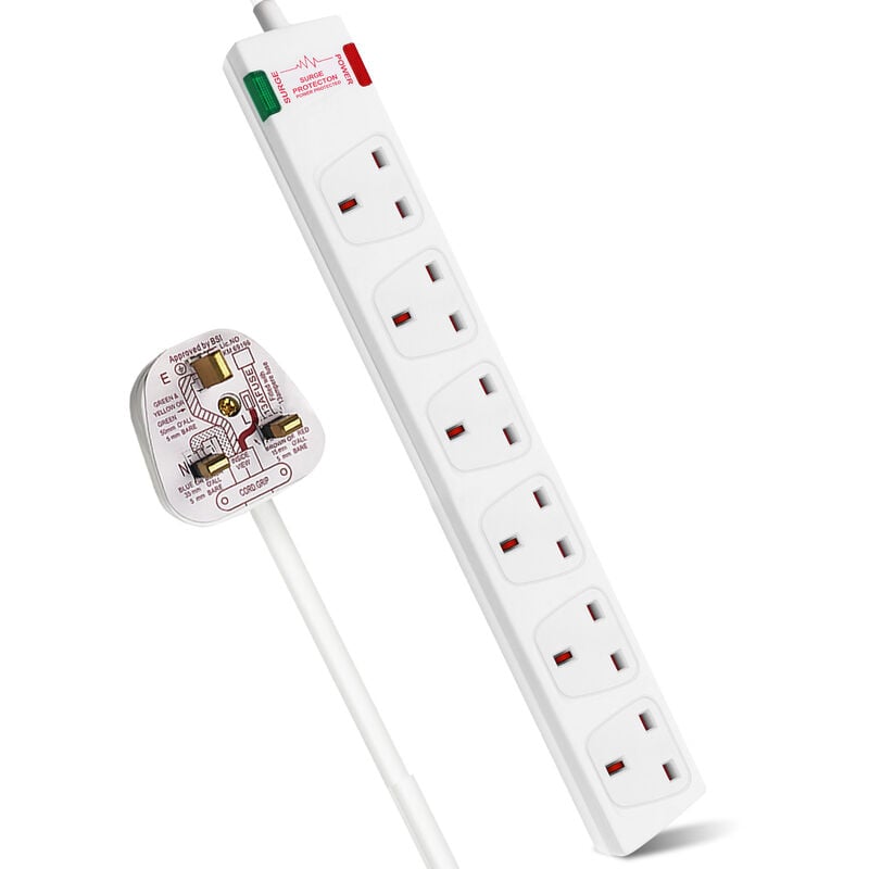 6 Way Socket with Cable 1M, White, with Power Indicator, Child-Resistant Sockets, Surge Indicator