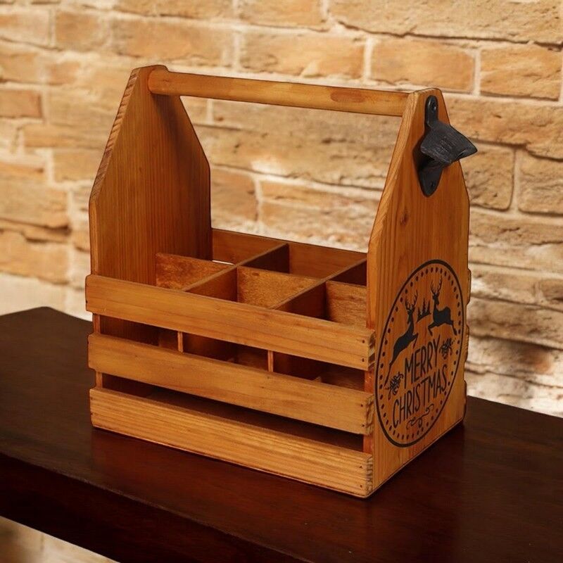 Minster 6 Wooden Bottle Holder with Metal Opener - L19 x W27 x H30 cm in Brown | Size: 1 Pack