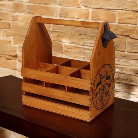 6 Wooden Bottle Holder with Metal Opener - L19 x W27 x H30 cm