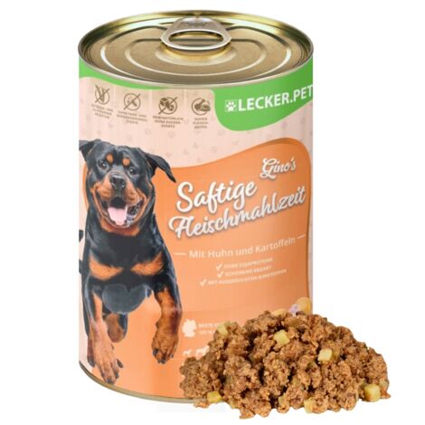 6 x 400 g Lecker.Pet® Gino's Saftige Fleischmahlzeit mit Huhn & Kartoffeln Hundefutter Nassfutter