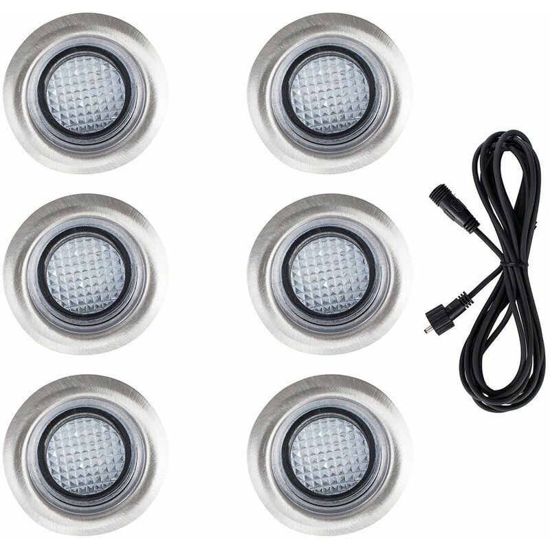 Minisun - 6 x LED Round IP67 Rated Garden Decking / Lights Kit - 3M Extension Cable - White