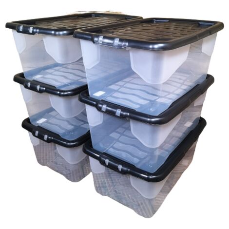 6 x 42L Clear Storage Box with Black Lid, Stackable and Nestable Design Storage Solution