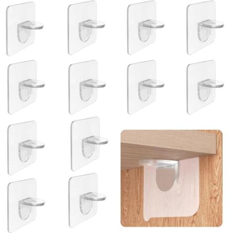 (6 x 6 cm) Lot de 12 chevilles de support d'étagère, supports de support d'étagère transparents, supports auto-adhésifs en forme de L avec trou pour meubles, bibliothèques, armoires.