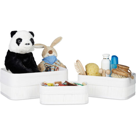 6 x Aufbewahrungskorb Bambus, Stoffbezug, Regalkorb rechteckig, Bad, Accessoires, Spielzeug, Allzweckkorb 3 Größen, weiß
