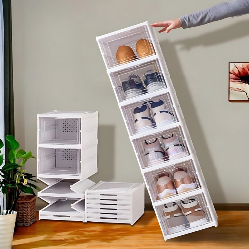 Ideko - 6 x Boîtes de rangement à chaussures pliables Blanc avec couvert transparente plastique