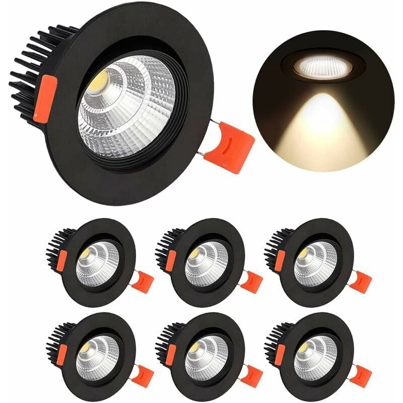 6 x Downlights led, plafonniers encastrés 5W, blanc chaud IP44 pour salle de bain, cuisine, salon, couloir (noir)