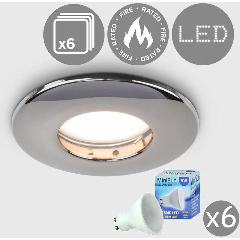 6 x Fire Rated Bathroom IP65 Domed GU10 Downlight Spotlights - Black Chrome - Cool White Bulbs