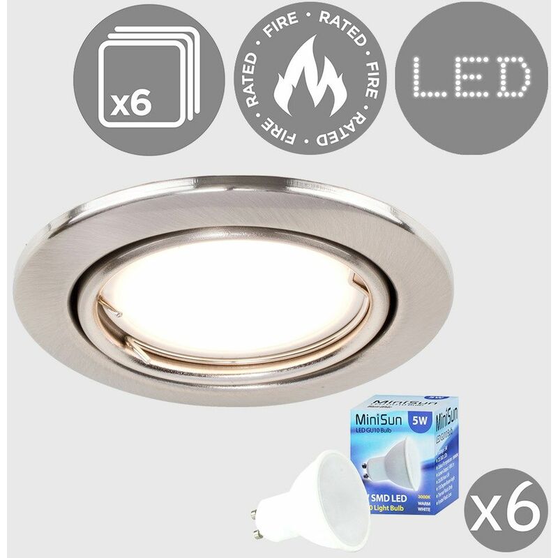6 x Fire Rated Tiltable GU10 Recessed Ceiling Downlight Spotlights + Warm White LED Bulbs - Brushed Chrome