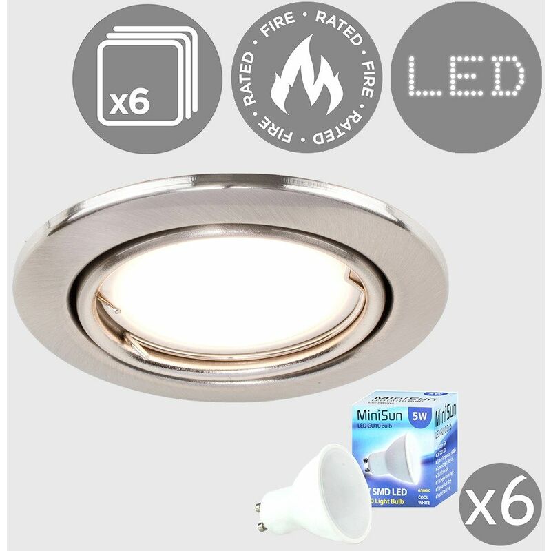 6 x Fire Rated Tiltable GU10 Recessed Ceiling Downlight Spotlights + Cool White LED Bulbs - Brushed Chrome