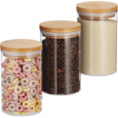 6 x glass jars, for pasta, rice, muesli, coffee beans, capacity 800 ml, HxD 16x9.5 cm, bamboo, natural