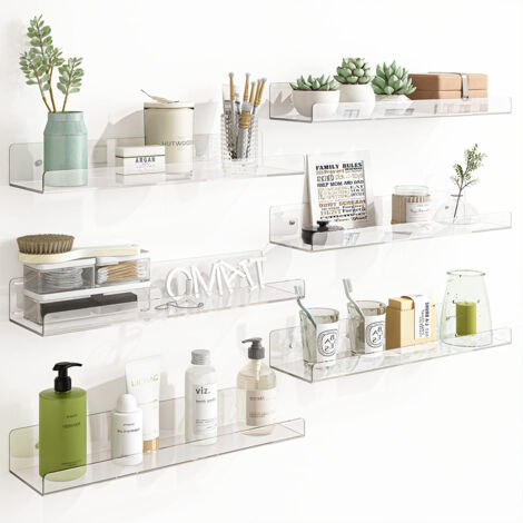 6 x Mensole Acrilico Trasparenti da Parete Scaffali a Muro Organizer  38x10x5 cm