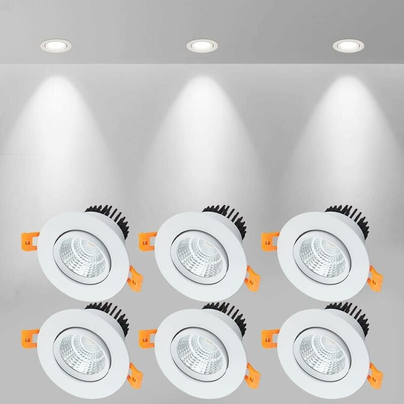 6 x Spot led Encastrables,5W cob Plafonnier Encastré,Blanc Froid 6000K,500LM,AC 220-240V,Ra≥90,Angle de Faisceau 24°,IP44,Pour salle de
