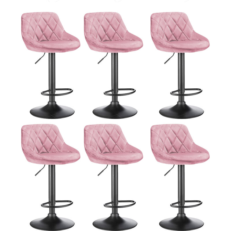 Skecten - 6 x Tabourets de bar siège bien rembourré en velours hauteur réglable pieds en métal rose