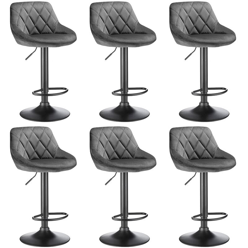 Skecten - 6 x Tabourets de bar siège bien rembourré en velours hauteur réglable pieds en métal gris