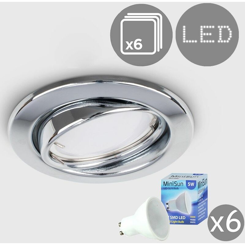 6 x Tiltable Steel Recessed Ceiling Downlight Spotlights + Warm White LED GU10 Bulbs - Chrome